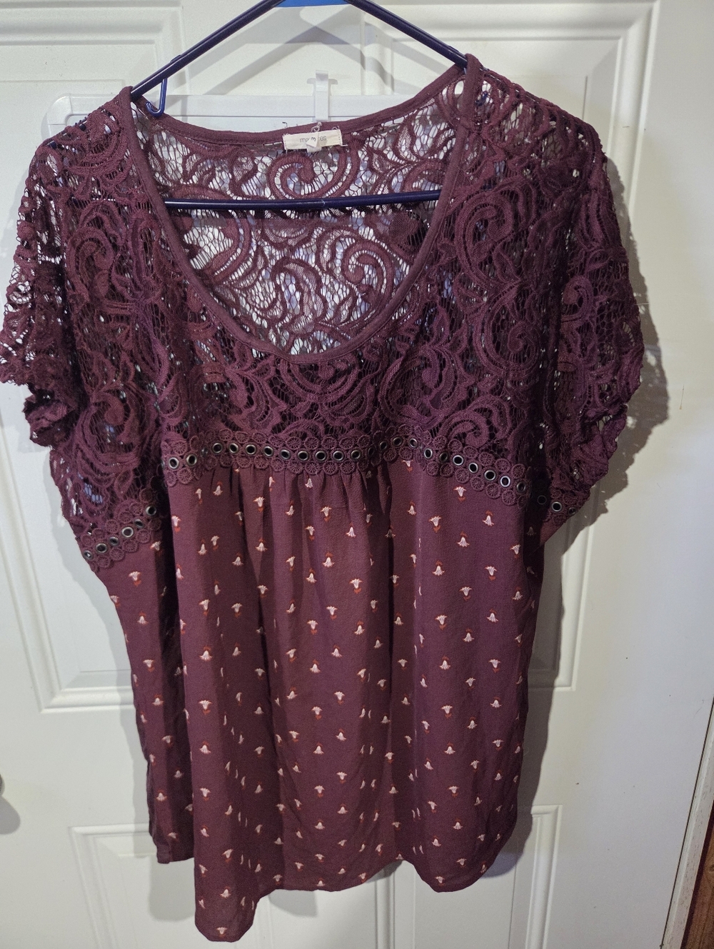 Maurices Lace Yoke Short Sleeve Top - Burgundy